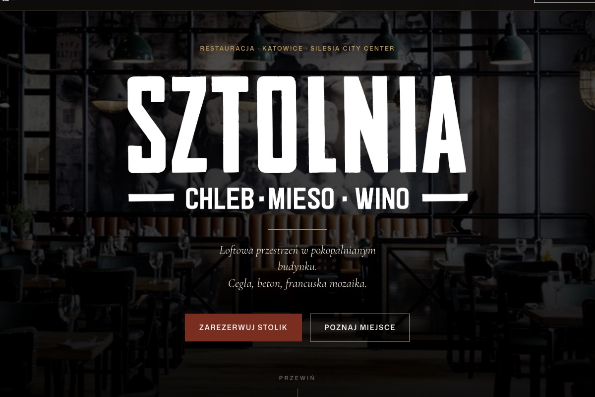 Sztolnia. Chleb · Mięso · Wino — restauracja Katowice — screenshot strony